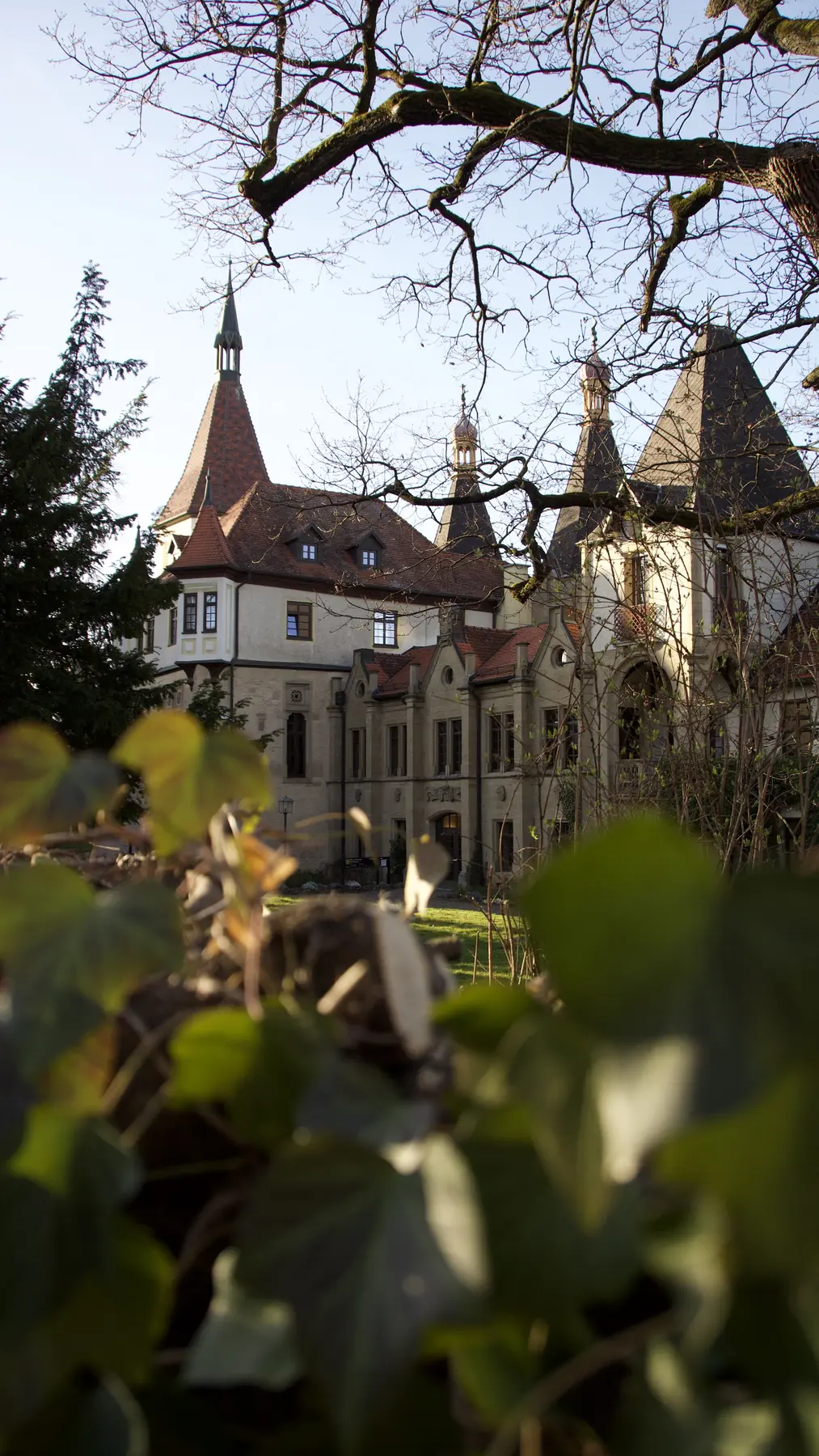 Historisches Gebäude, eingerahmt von Blättern und Ästen